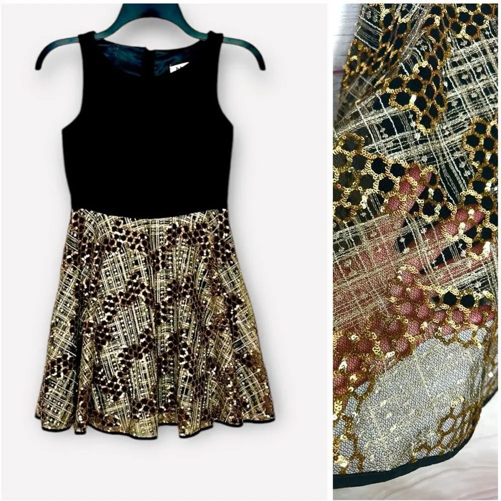 Milly Minis Luxury Dress Black and Gold Sequin Special Occasion Fit & Flare 12